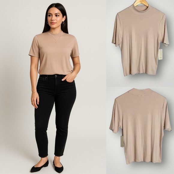 Joie Tops - Joie Mock Neck Short Sleeve Top Size XL Ribbed Fitted Pullover Beige